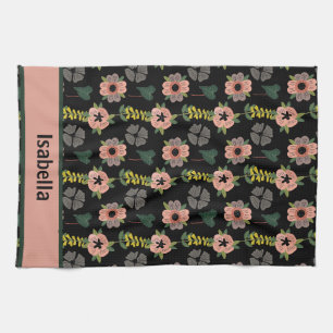 Girly Roze Wit Bloemen Botanische Patroon Naam Theedoek