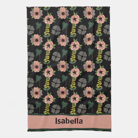 Girly Roze Wit Bloemen Botanische Patroon Naam Theedoek (Verticaal)