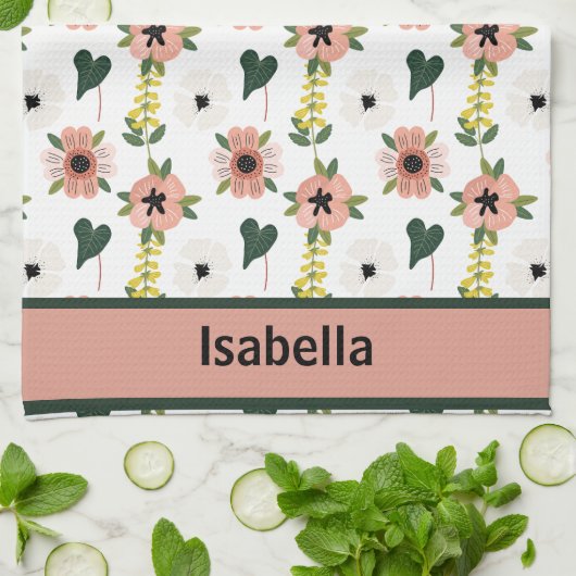 Girly Roze Wit Bloemen Botanische Patroon Naam Theedoek (Gevouwen)