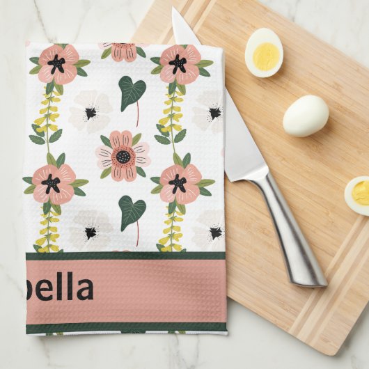 Girly Roze Wit Bloemen Botanische Patroon Naam Theedoek (Quarter Fold)