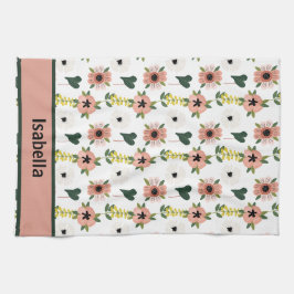 Girly Roze Wit Bloemen Botanische Patroon Naam Theedoek