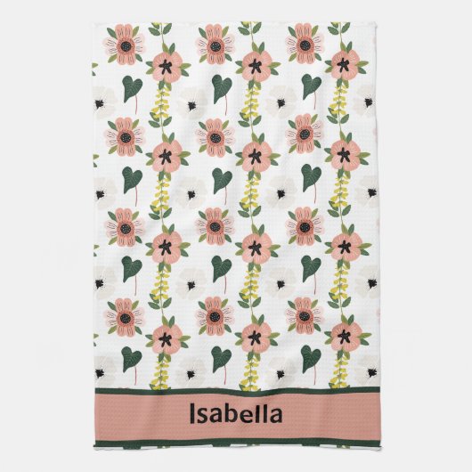 Girly Roze Wit Bloemen Botanische Patroon Naam Theedoek (Verticaal)
