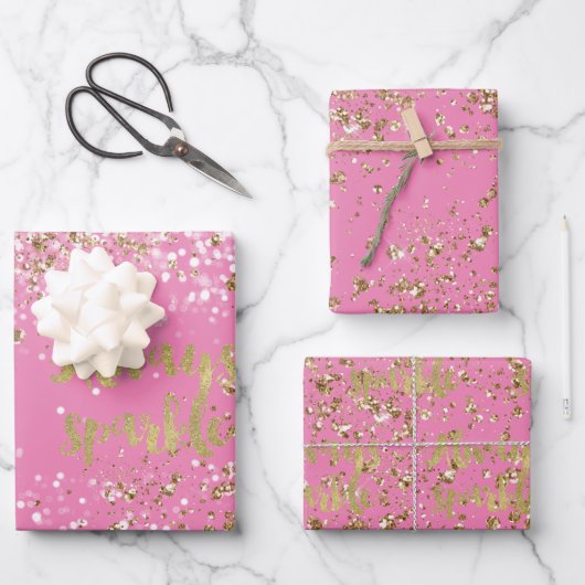 Girly Roze Wit Goud Confetti Sparkle Inpakpapier Vel (Voorkant)