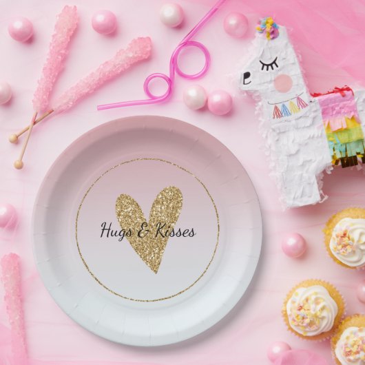 Girly roze wit ombre goud glitter hart papieren bordje (Feest)