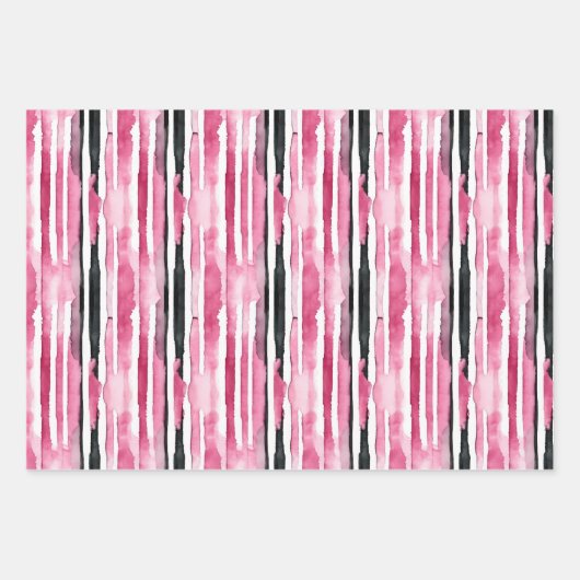Girly roze wit zwart strepen inpakpapier vel (Voorkant 3)