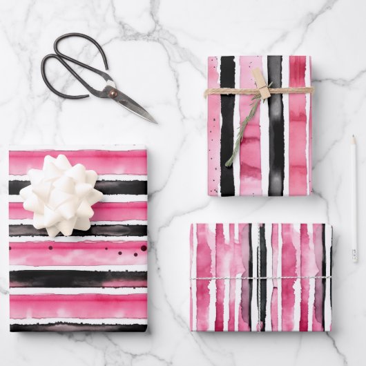 Girly roze wit zwart strepen inpakpapier vel (Voorkant)