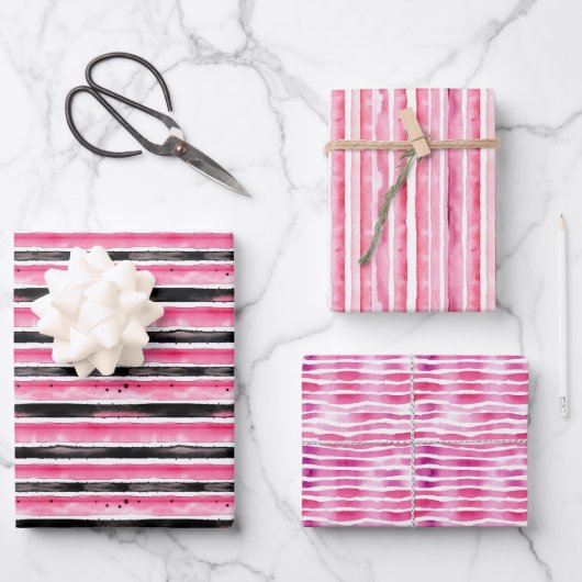 Girly roze wit zwart strepen inpakpapier vel (Voorkant)