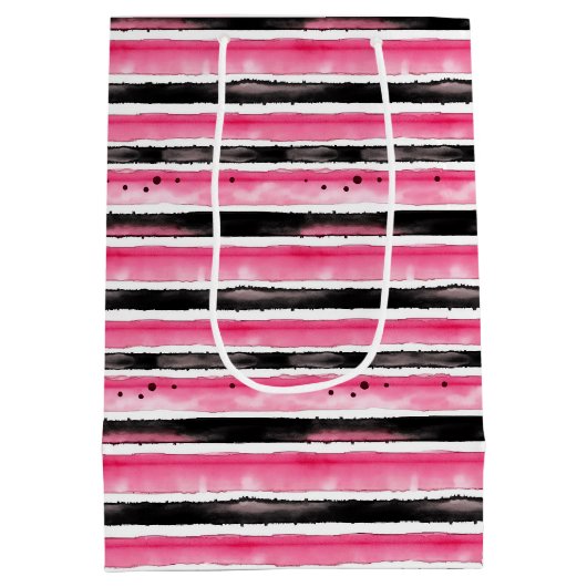 Girly roze wit zwart strepen medium cadeauzakje (Achterkant)