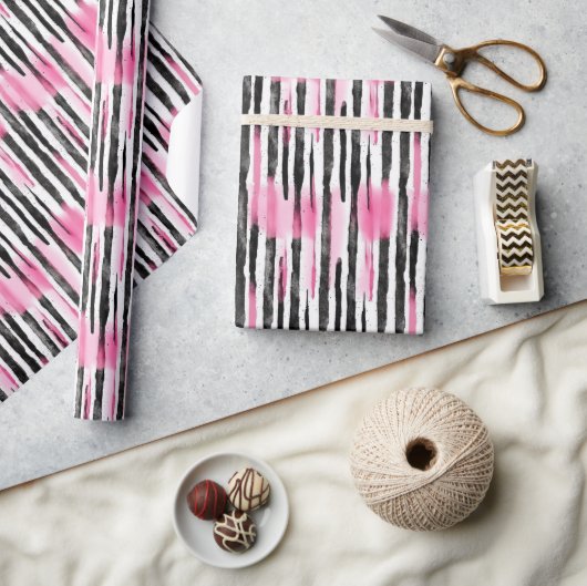 Girly Roze Wit Zwart Zebra Strepen Cadeaupapier (Crafts)