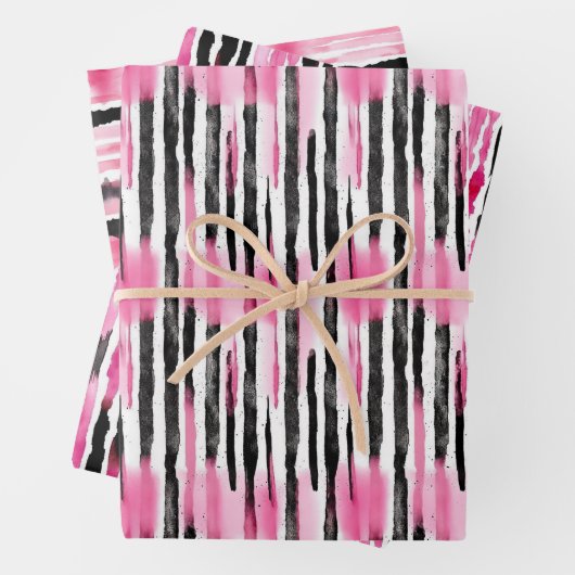 Girly Roze Wit Zwart Zebra Strepen Inpakpapier Vel (In situ)