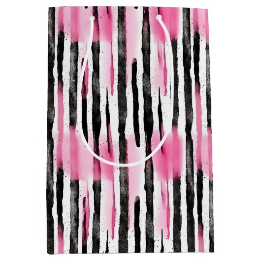 Girly Roze Wit Zwart Zebra Strepen Medium Cadeauzakje (Voorkant)
