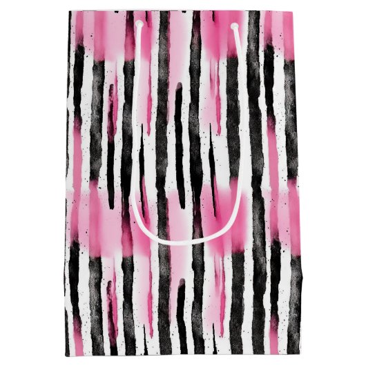 Girly Roze Wit Zwart Zebra Strepen Medium Cadeauzakje (Achterkant)