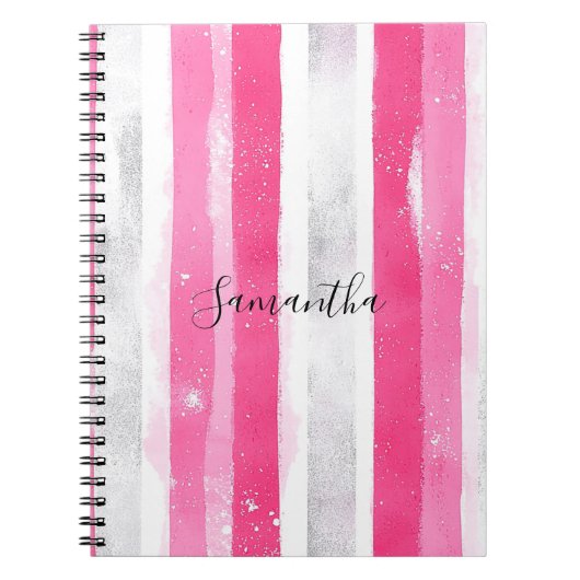Girly Roze Witte Abstracte Strepen Notitieboek (Voorkant)