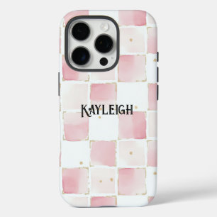 Girly Roze Witte Chic Squares iPhone 16 Pro Hoesje