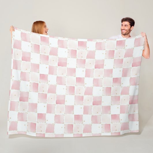 Girly Roze Witte Chic Squares Fleece Deken (In situ)