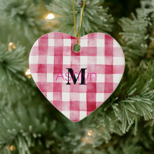 Girly Roze Witte Geruite Strepen Monogram Kerstmis Keramisch Ornament