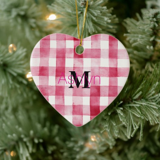 Girly Roze Witte Geruite Strepen Monogram Kerstmis Keramisch Ornament (Boom)