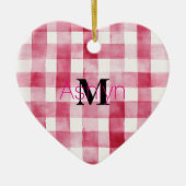 Girly Roze Witte Geruite Strepen Monogram Kerstmis Keramisch Ornament (Voorkant)