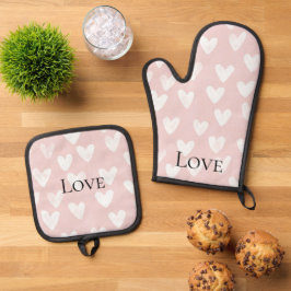 Girly Roze Witte Harten Ovenwant & Pannenlap Set
