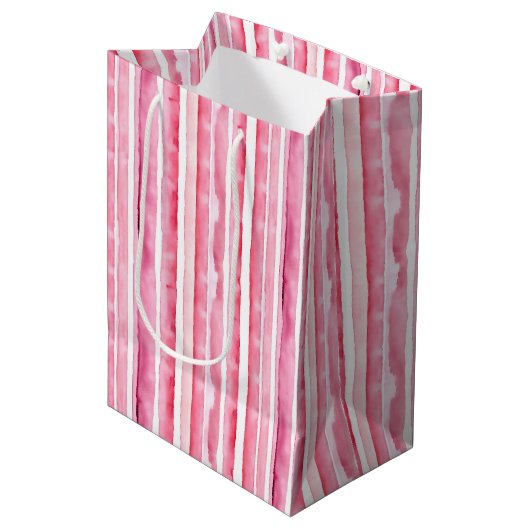 Girly roze witte strepen medium cadeauzakje (Voorkant Gekanteld)