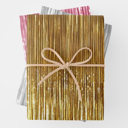 Girly Roze Zilver Goud Glam Tinsel Stripes Inpakpapier Vel (In situ)