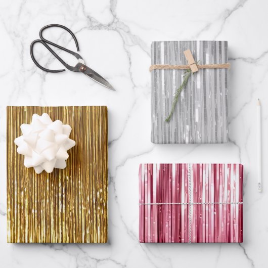 Girly Roze Zilver Goud Glam Tinsel Stripes Inpakpapier Vel (Voorkant)