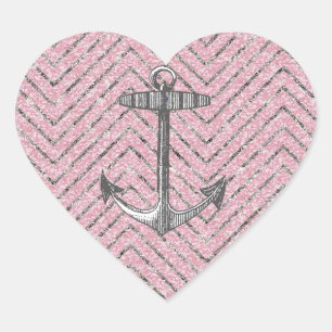 Girly Roze Zilveren Glitter Chevron Patroon Anker Hart Sticker