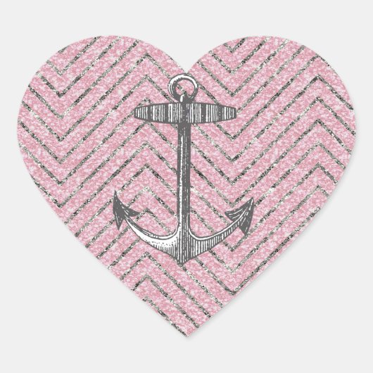 Girly Roze Zilveren Glitter Chevron Patroon Anker Hart Sticker (Voorkant)