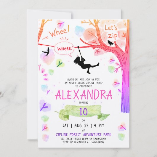 Girly Roze Zipline Adrenaline Avontuur Waterverf Kaart (Voorkant)