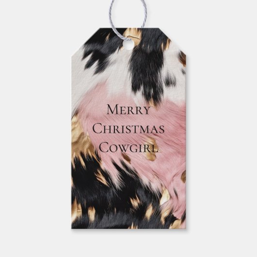 Girly Roze Zwart Goud Cowgirl Koeienhuid Cadeaulabel (Voorkant)