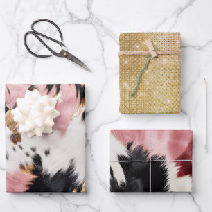 Girly Roze Zwart Goud Cowgirl Koeienhuid Wrapping  Inpakpapier Vel