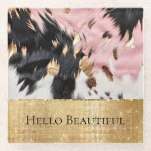 Girly Roze Zwart Goud Sparkle Cowgirl Koeienhuid Glazen Onderzetter