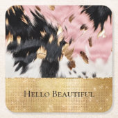 Girly Roze Zwart Goud Sparkle Cowgirl Koeienhuid Kartonnen Onderzetters (Voorkant)