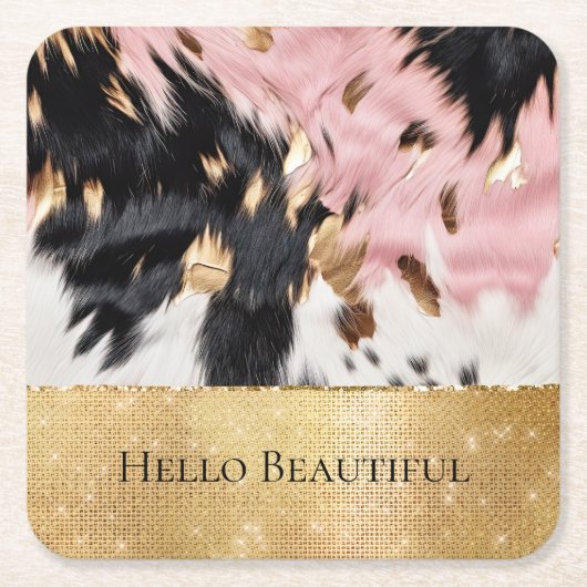 Girly Roze Zwart Goud Sparkle Cowgirl Koeienhuid Kartonnen Onderzetters (Voorkant)