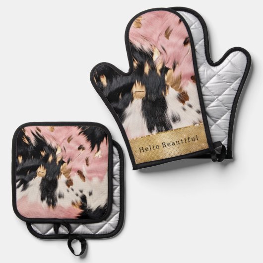 Girly Roze Zwart Goud Sparkle Cowgirl Koeienhuid Ovenwant & Pannenlap Set (Voorkant / Achterkant)