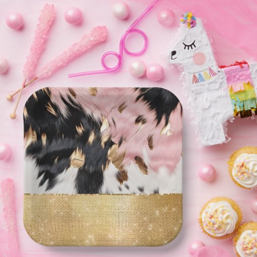 Girly Roze Zwart Goud Sparkle Cowgirl Koeienhuid Papieren Bordje (Feest)