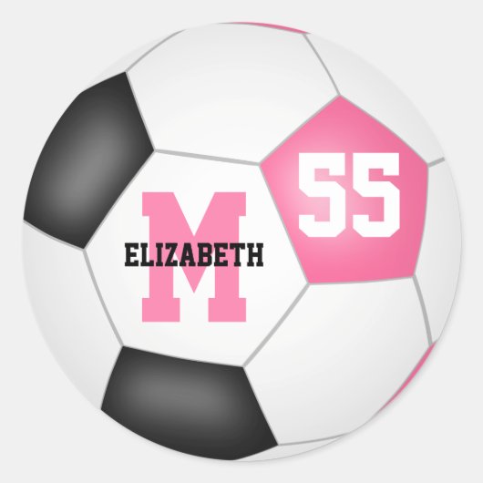 Girly roze zwart voetbal gepersonaliseerd ronde sticker (Voorkant)