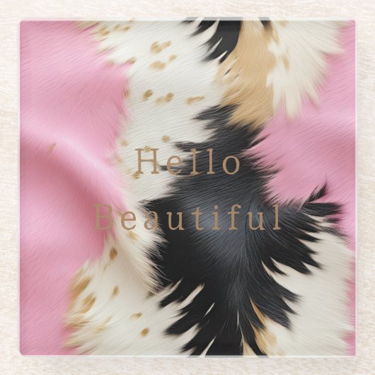 Girly Roze Zwart Wit Goud Koeienhuid Glazen Onderzetter (Voorkant)