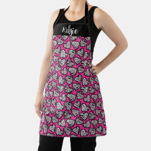 Girly roze zwarte en witte zebra harten met naam schort