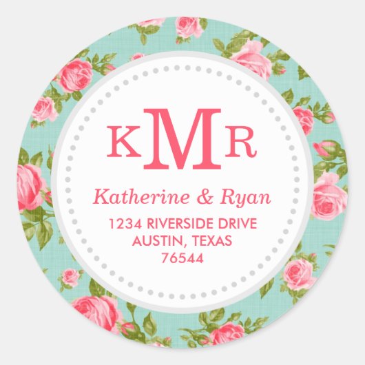 Girly Rozen Floral Monogram Adresetiketten Ronde Sticker (Voorkant)