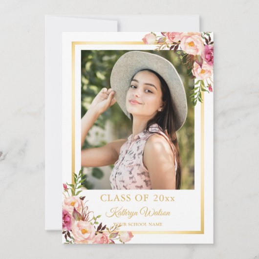 Girly Rustic Floral Gold Photo Graduparty Kaart (Voorkant)