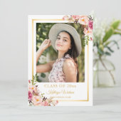 Girly Rustic Floral Gold Photo Graduparty Kaart (Staand voorkant)
