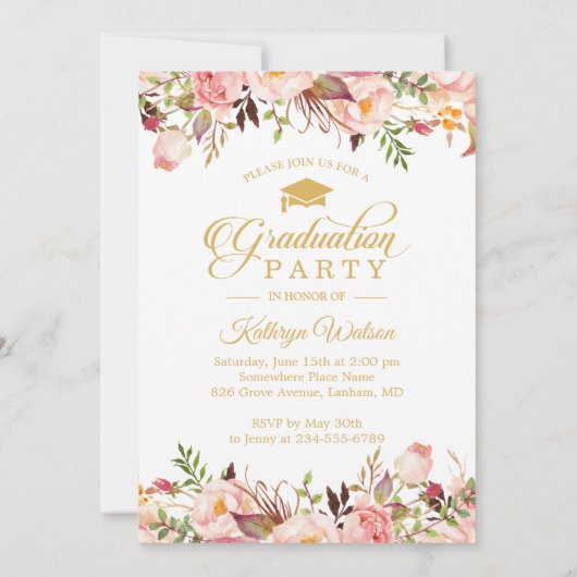 Girly Rustic Floral Gold Photo Graduparty Kaart (Achterkant)