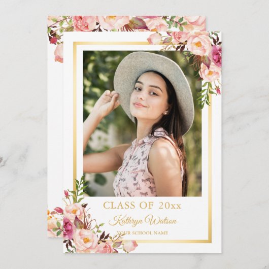 Girly Rustic Floral Gold Photo Graduparty Kaart (Voorkant / Achterkant)