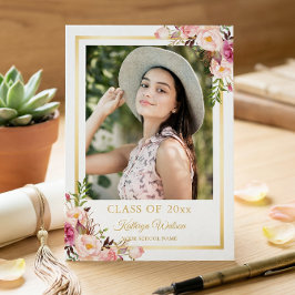 Girly Rustic Floral Gold Photo Graduparty Kaart