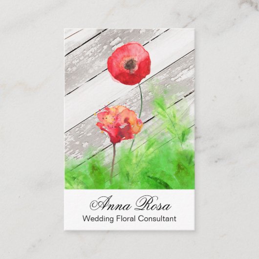 ** Girly Rustic Red Poppy Flowers  Hout Visitekaartje (Voorkant)