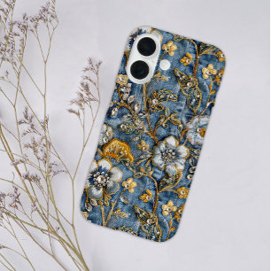 Girly Rustic Witte Bloemen Geborduurde Blauwe Deni iPhone 16 Hoesje