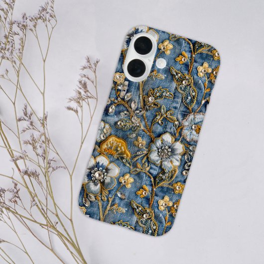 Girly Rustic Witte Bloemen Geborduurde Blauwe Deni Case-Mate iPhone Case
