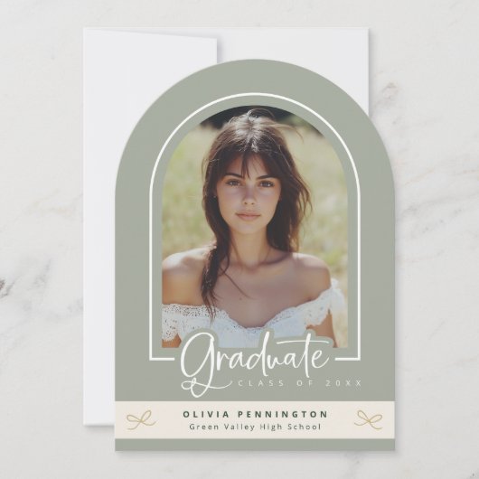Girly Sage Green Foto Afstuderen Aankondiging (Voorkant)
