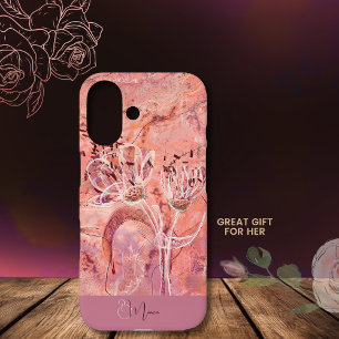  Girly Salmon Roze Bloemen Marmer iPhone 16 Hoesje